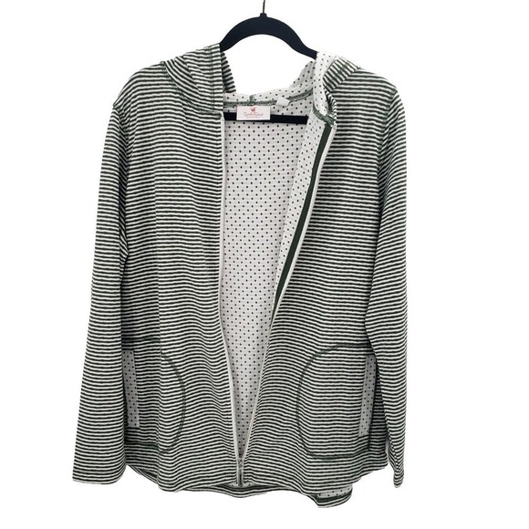 Quacker Factory Striped Hooded Knit Jacket Womens Large Green White Full Zip - Picture 2 of 12